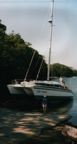 Prout Escale catamaran entering water - 1999